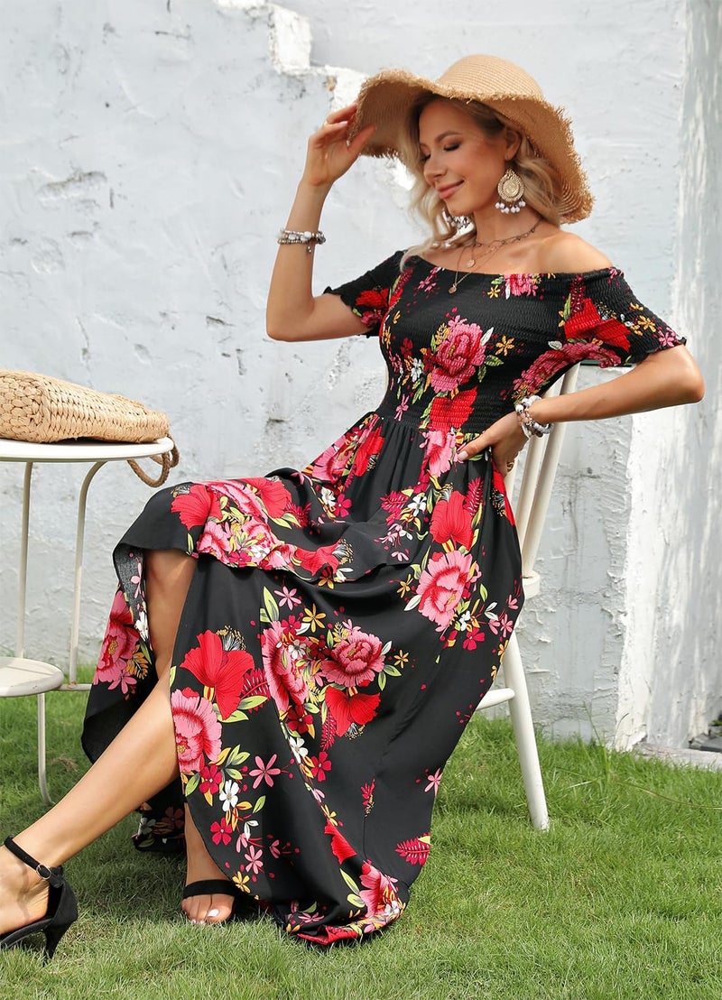 Kormei Women Short Sleeve Off Shoulder Floral High Low Flowy Summer Party Long Maxi Dress M Black&Red - Image 4